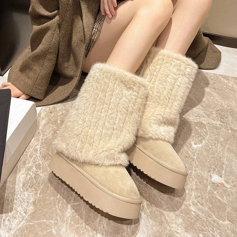 Botas de nieve para mujer con felpa cálida y diseño grueso