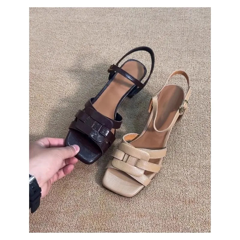Tacones altos tipo romano con punta cuadrada – sandalias femeninas de verano
