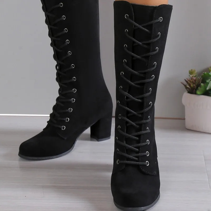 Botas de caña media para mujer con cordones delanteros y tacón grueso. Modernas, resistentes y antideslizantes