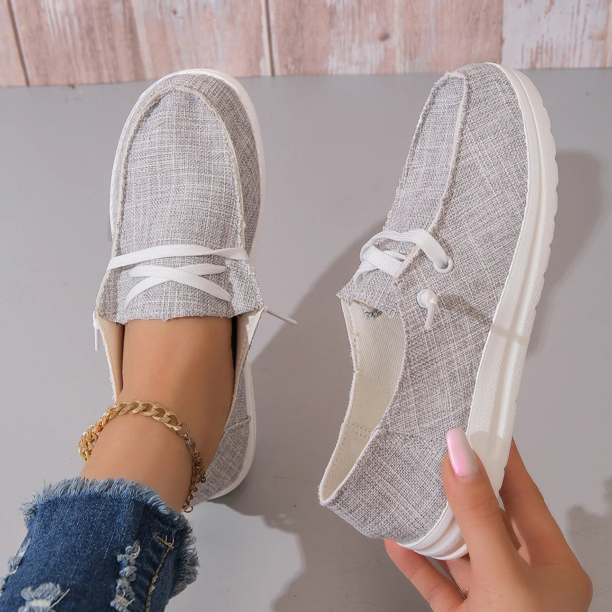 Calzado deportivo informal para mujer, zapatos planos ligeros y antideslizantes, zapatos de mezclilla con cordones para exteriores