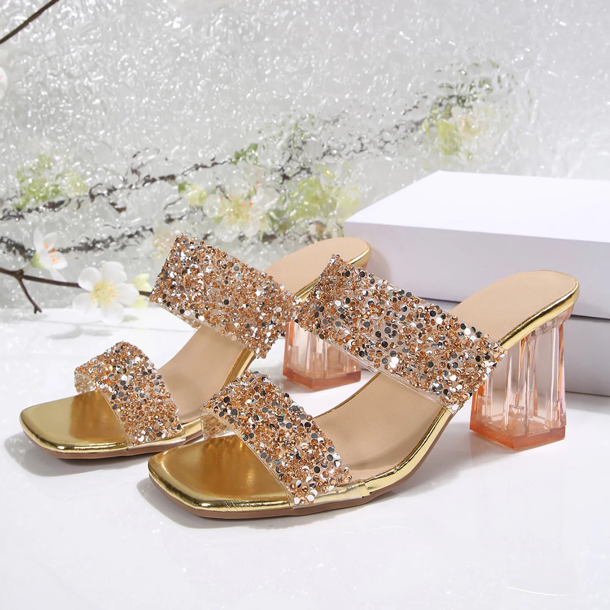 Sandalias de cristal con diamantes – tacón transparente elegante para mujer