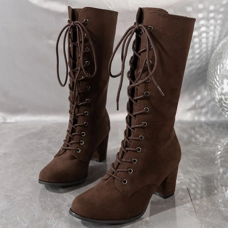Botas de caña media para mujer con cordones delanteros y tacón grueso. Modernas, resistentes y antideslizantes