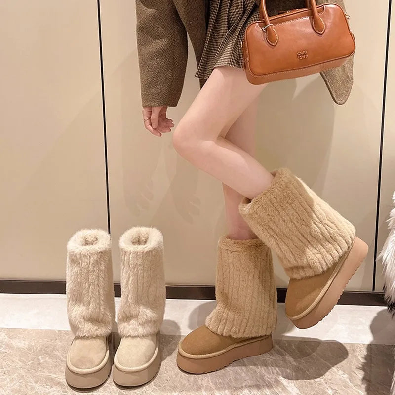 Botas de nieve para mujer con felpa cálida y diseño grueso