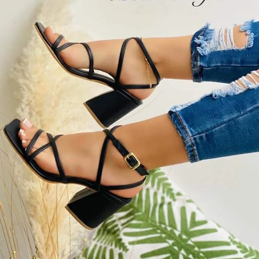 Sandalias elegantes con tacón bloque - Calzado versátil de tiras finas para mujer