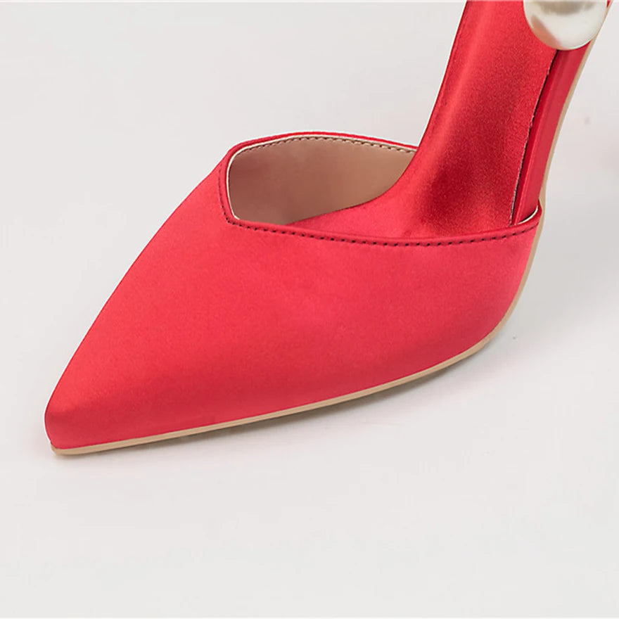 Zapatos de fiesta de seda suave | Tacones altos puntiagudos con detalle de perla.