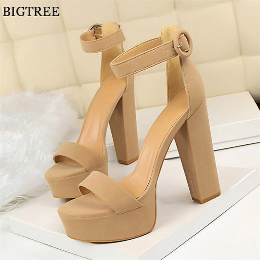 Sandalias de plataforma elegantes para mujer | Tacones altos con punta abierta y hebilla.