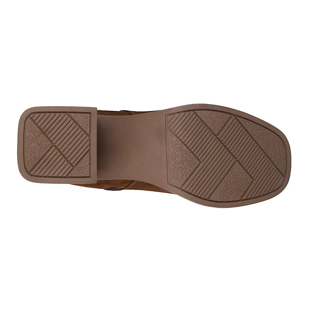 Botines de gamuza café mujer | Tacón grueso con cadena decorativa