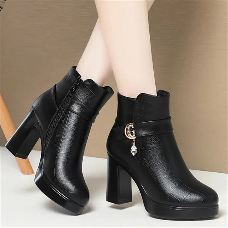 Botines de moda con tacón alto y forro de felpa para mujer – Cómodos y resistentes al frío