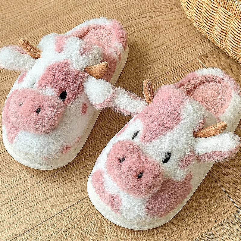Zapatillas invernales de felpa para mujer – Pantuflas divertidas con diseño animal print vaca