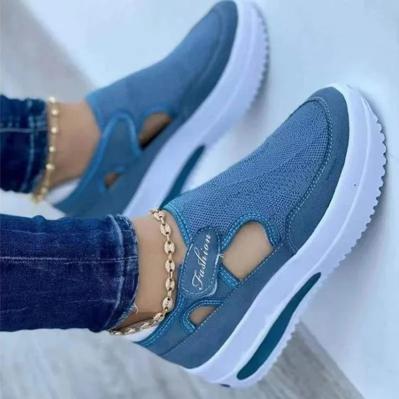 Zapatos informales transpirables de verano para mujer, Calzado con suela gruesa, tacón inclinado, ahuecado, corte bajo