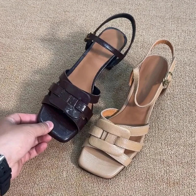 Tacones altos tipo romano con punta cuadrada – sandalias femeninas de verano
