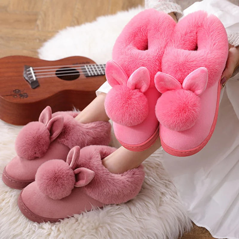 Zapatillas de casa con orejas de conejo – pantuflas cómodas y peludas para mujer