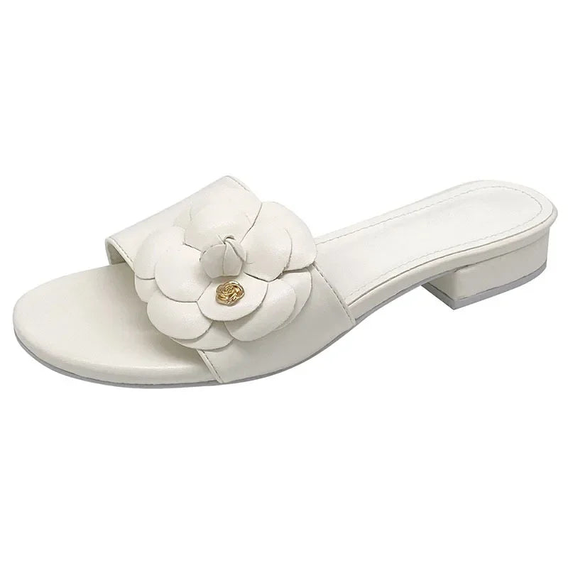 Zapatillas de diseño con flor de Camelia para Mujer, Sandalias de verano de tacón bajo
