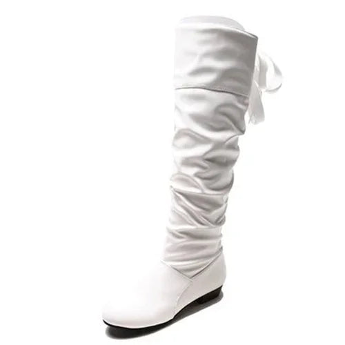 Botas altas - zapatos largos informales de cuero de tacón bajo plisados para mujer 2024