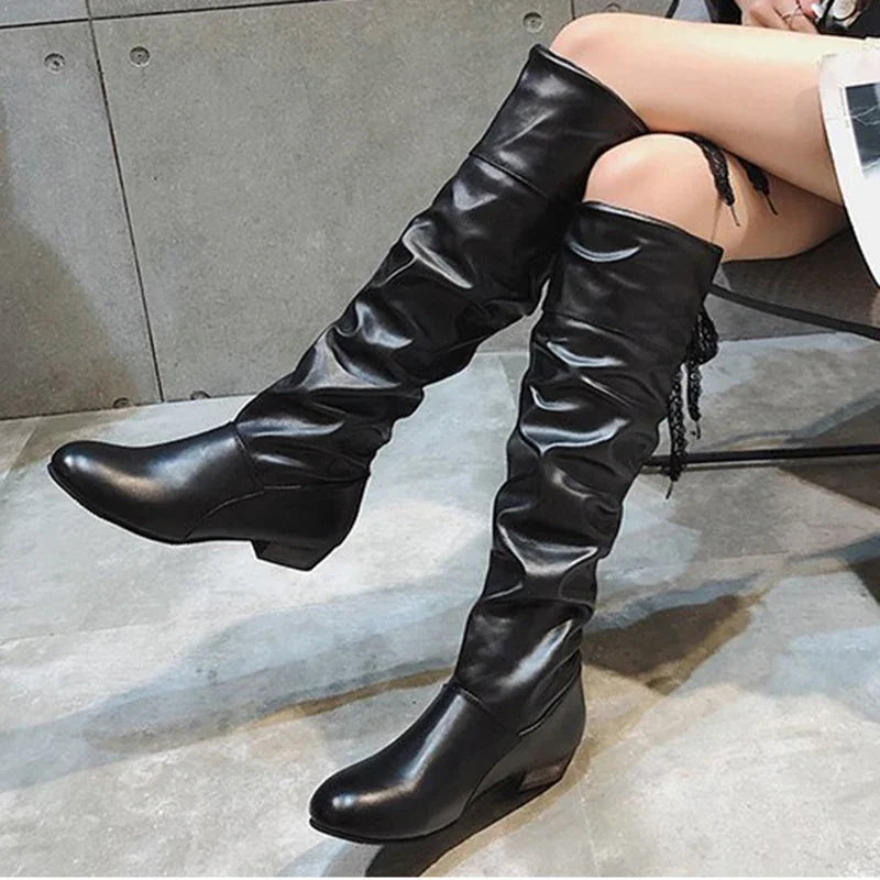 Botas altas - zapatos largos informales de cuero de tacón bajo plisados para mujer 2024