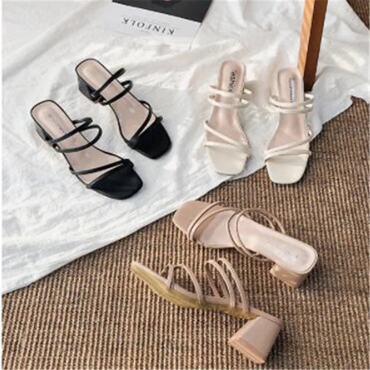 Sandalias de mujer con tacón cuadrado, elegantes zapatillas de verano con tiras cruzadas de cuero, sandalias de moda 2023 para mujer