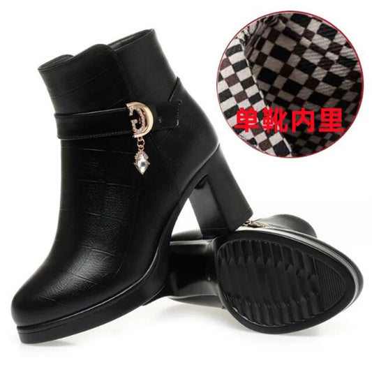 Botines de moda con tacón alto y forro de felpa para mujer – Cómodos y resistentes al frío