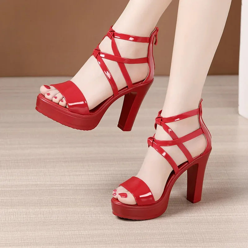 Sandalias de plataforma con tacón ancho para mujer - Zapatos de charol elegantes