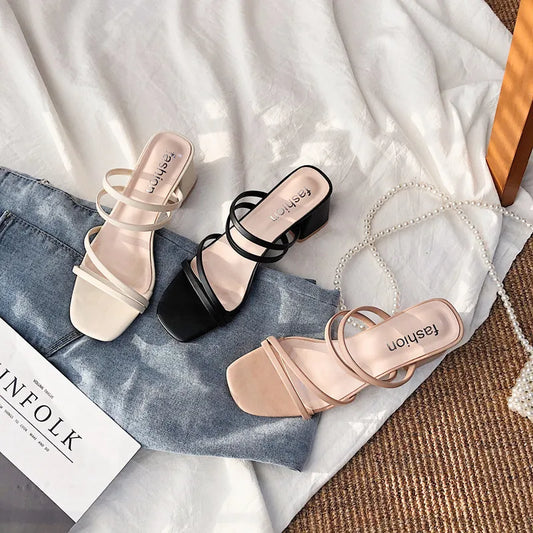 Sandalias de mujer con tacón cuadrado, elegantes zapatillas de verano con tiras cruzadas de cuero, sandalias de moda 2023 para mujer