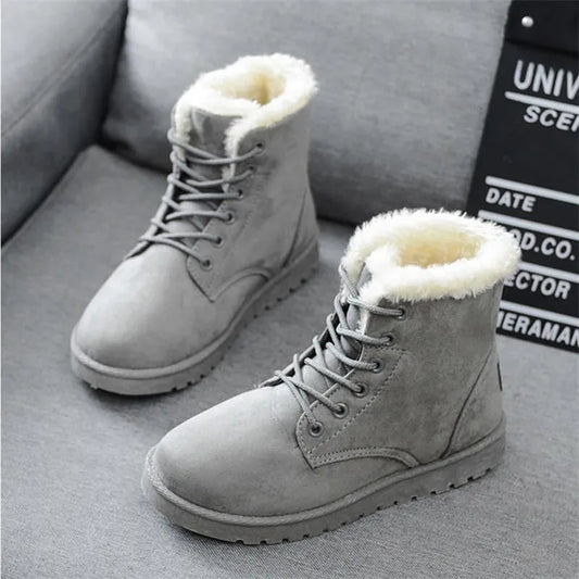 Botines de invierno con forro de peluche – botas planas de encaje para mujer