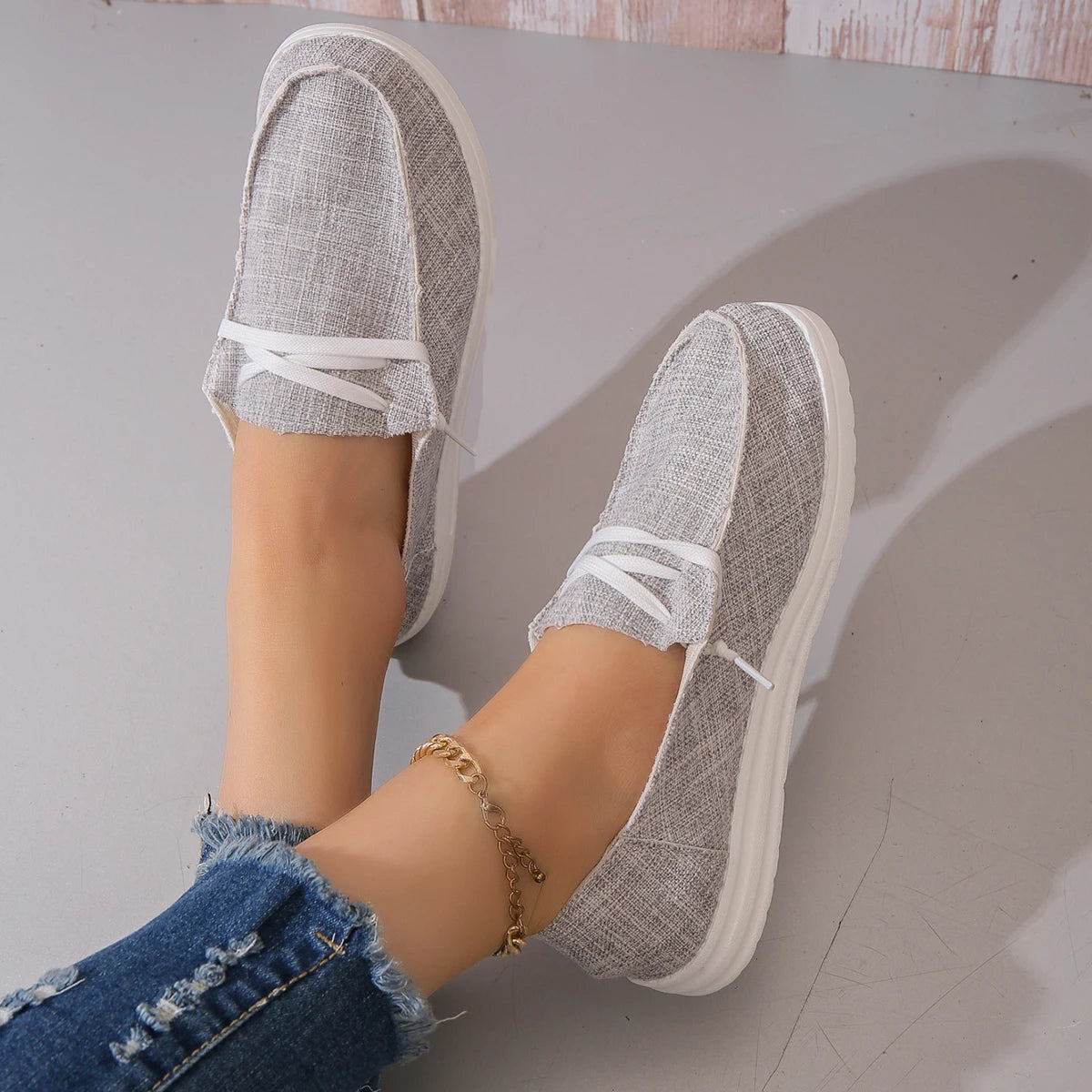 Calzado deportivo informal para mujer, zapatos planos ligeros y antideslizantes, zapatos de mezclilla con cordones para exteriores
