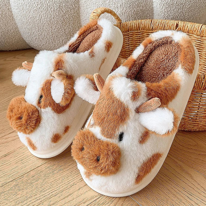Zapatillas invernales de felpa para mujer – Pantuflas divertidas con diseño animal print vaca
