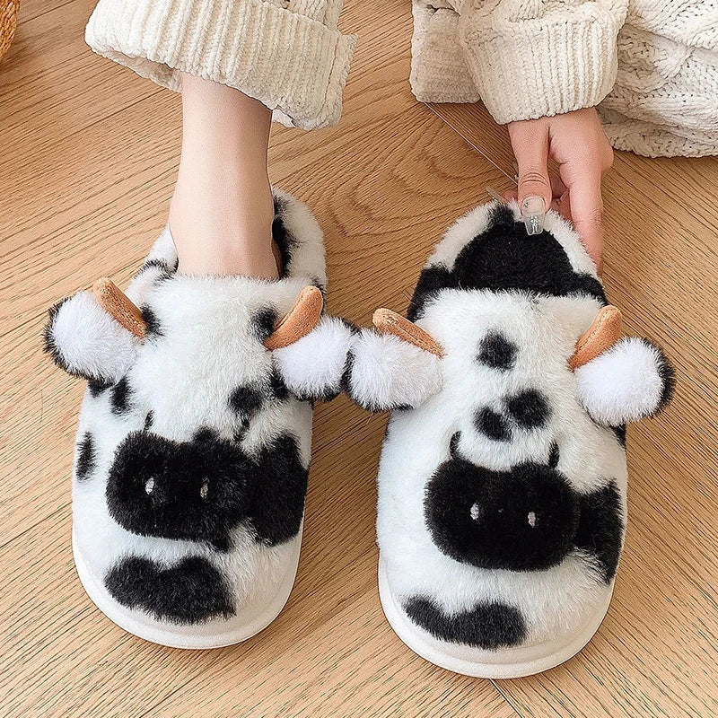 Zapatillas invernales de felpa para mujer – Pantuflas divertidas con diseño animal print vaca