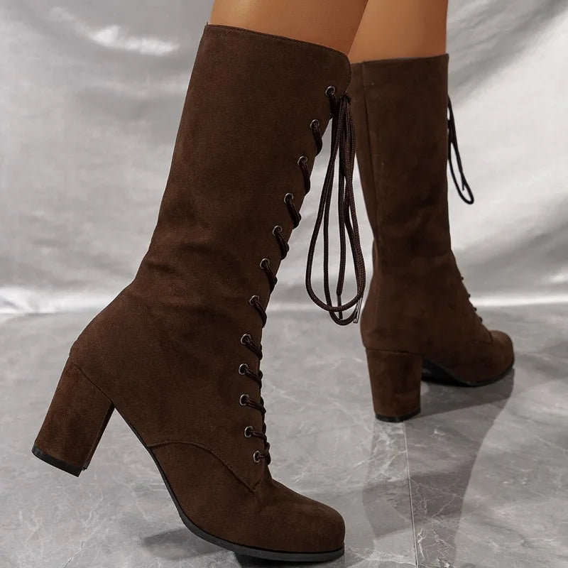 Botas de caña media para mujer con cordones delanteros y tacón grueso. Modernas, resistentes y antideslizantes