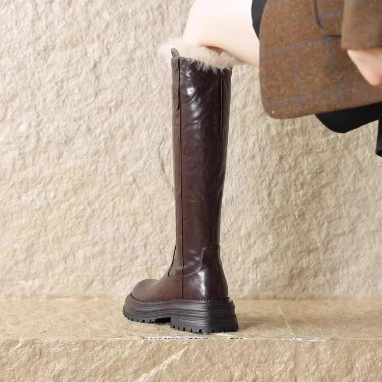 Botas altas cálidas de piel - para mujer, botas de nieve de felpa hasta la rodilla de tacón bajo para invierno