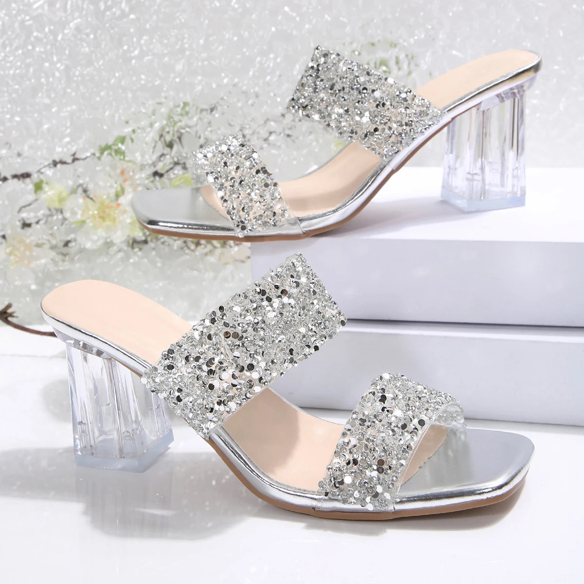 Sandalias de cristal con diamantes – tacón transparente elegante para mujer