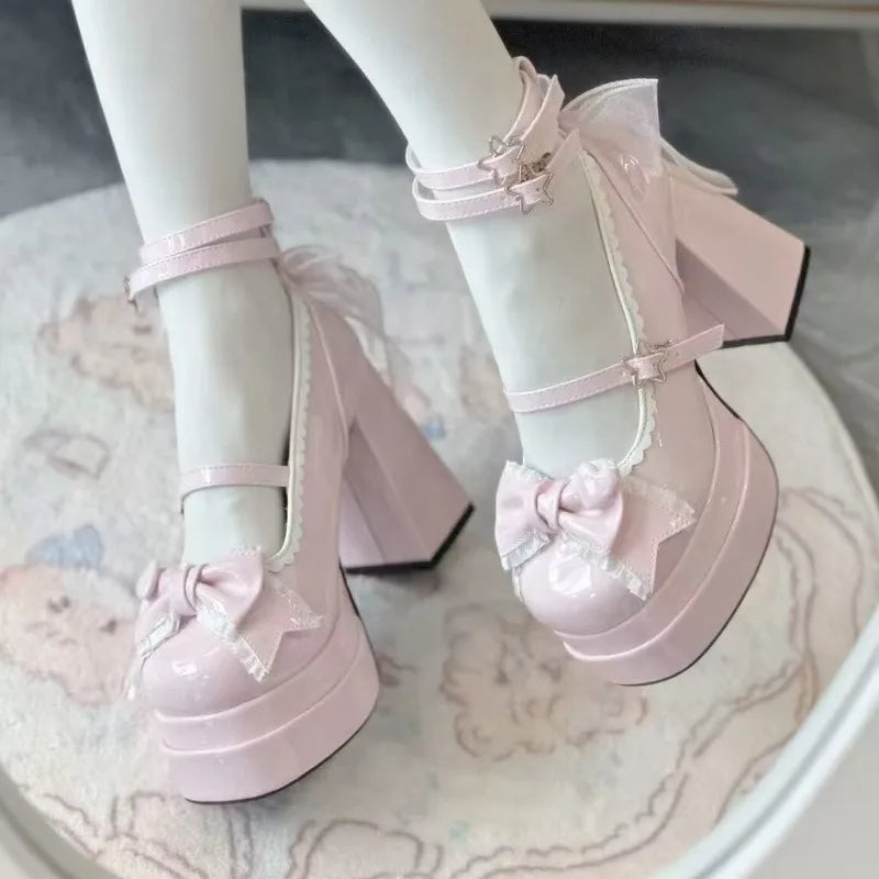 Sandalias de tacón ancho con moño - Moda Lolita elegante con plataforma para mujer.