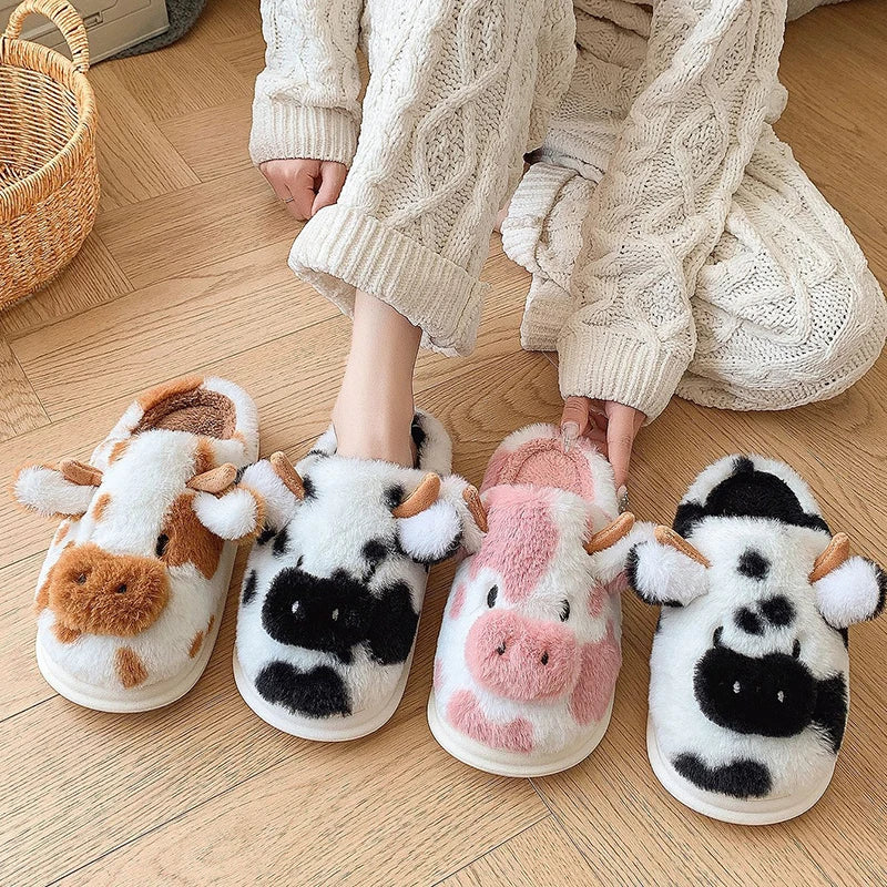Zapatillas invernales de felpa para mujer – Pantuflas divertidas con diseño animal print vaca