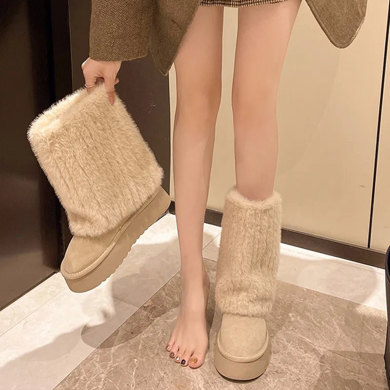 Botas de nieve para mujer con felpa cálida y diseño grueso