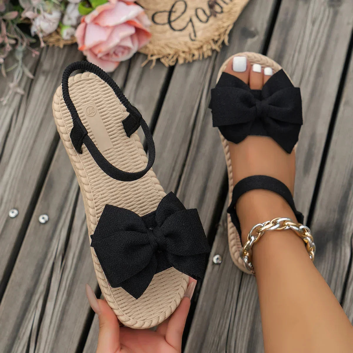 Sandalias ligeras de verano mujer | Zapatos planos cómodos con lazo decorativo