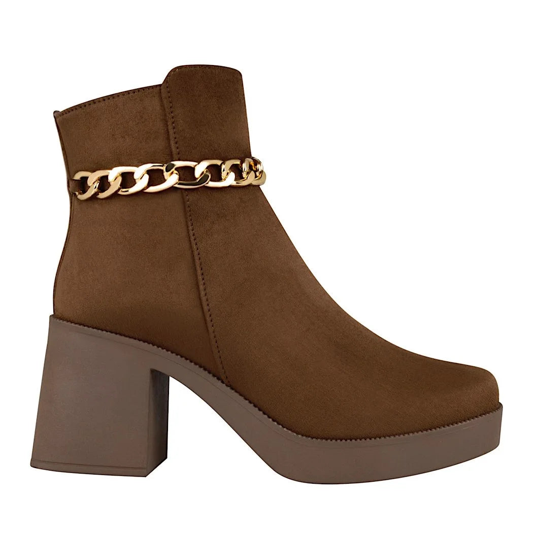 Botines de gamuza café mujer | Tacón grueso con cadena decorativa