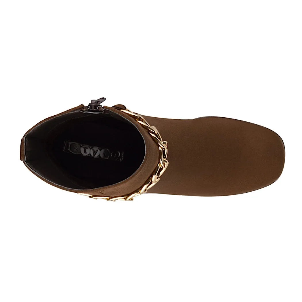 Botines de gamuza café mujer | Tacón grueso con cadena decorativa