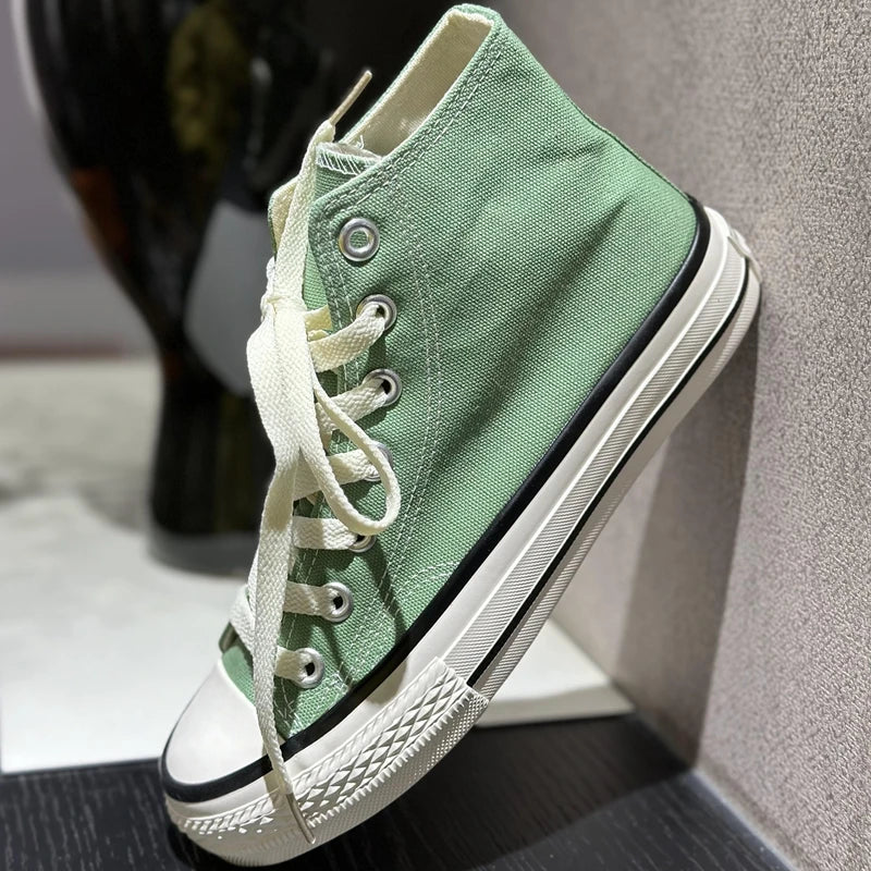 Zapatillas de Lona de Color Puro de Caña Alta para Mujer, Versátiles, Estilo Estudiantil