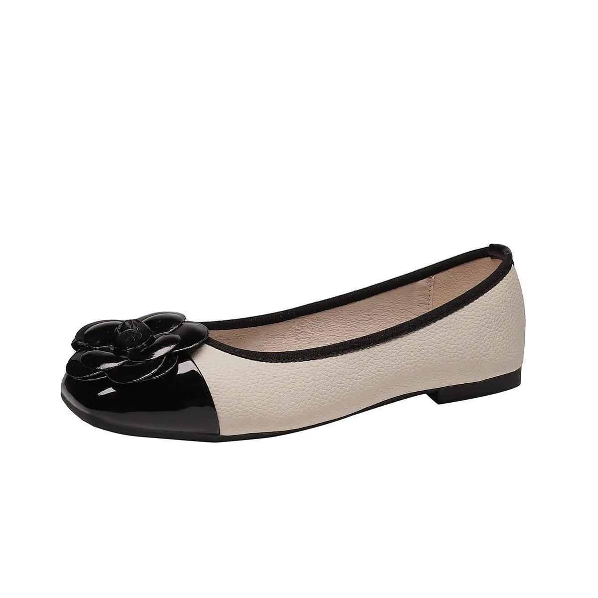 Zapatos planos de mujer con camelia y punta cuadrada – Estilo elegante y cómodo