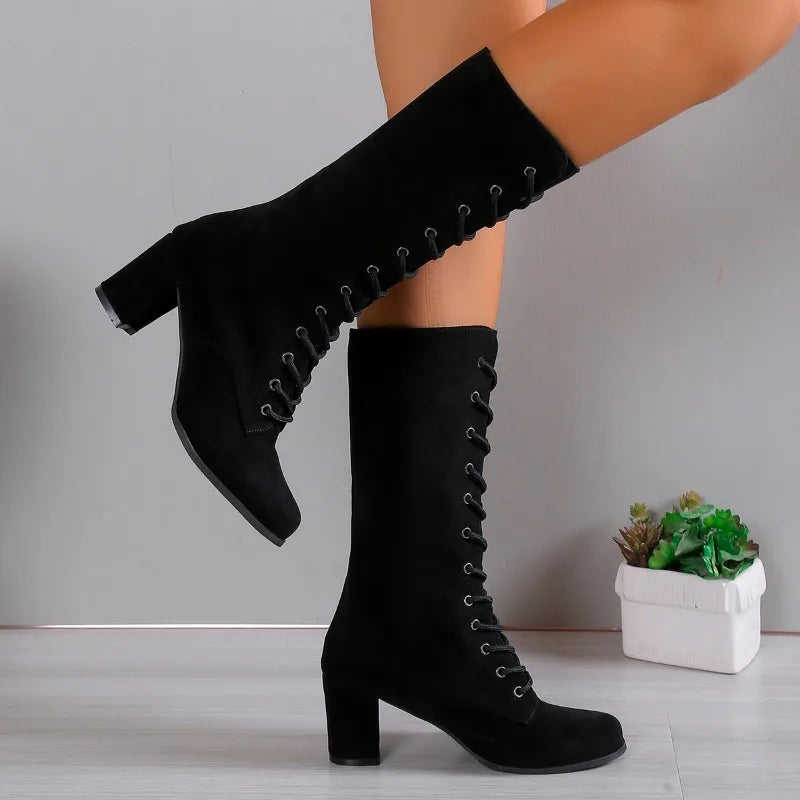 Botas de caña media para mujer con cordones delanteros y tacón grueso. Modernas, resistentes y antideslizantes