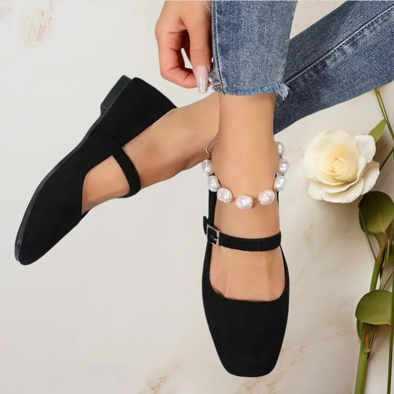 Zapatos planos con hebilla cómodos y elegantes zapatos- de mujer informales de boca ligera que combinan con todo de gamuza a la moda