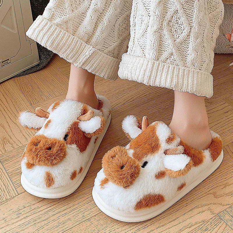 Zapatillas invernales de felpa para mujer – Pantuflas divertidas con diseño animal print vaca