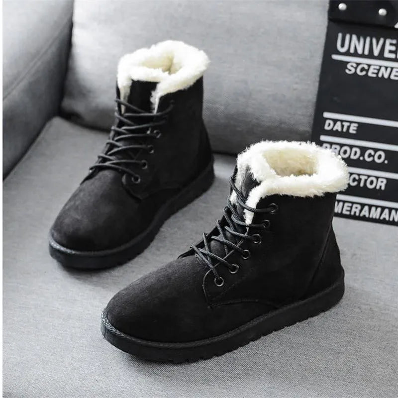 Botines de invierno con forro de peluche – botas planas de encaje para mujer
