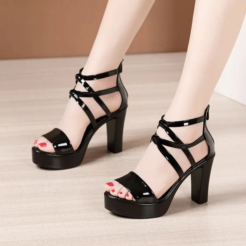 Sandalias de plataforma con tacón ancho para mujer - Zapatos de charol elegantes