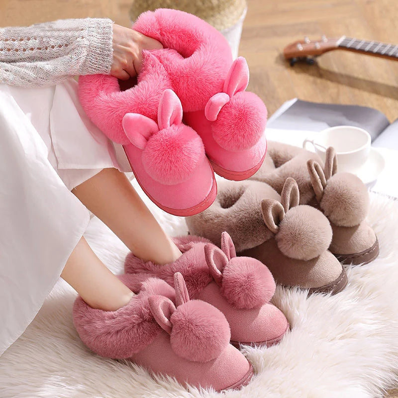 Zapatillas de casa con orejas de conejo – pantuflas cómodas y peludas para mujer