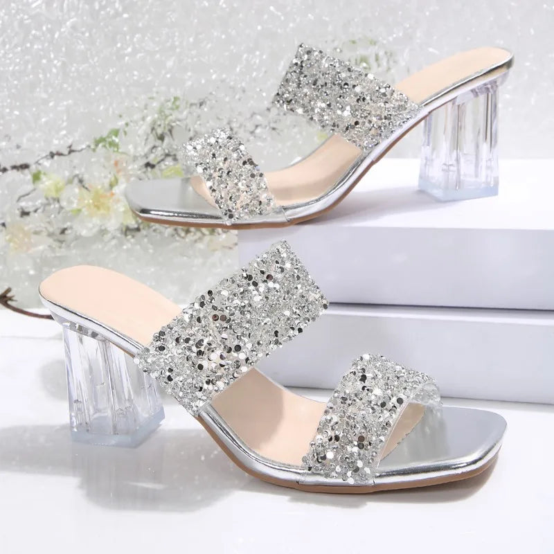 Sandalias de cristal con diamantes – tacón transparente elegante para mujer