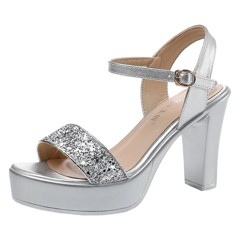 Sandalias brillantes para mujer – de diseñador, con tacón grueso y plataforma.