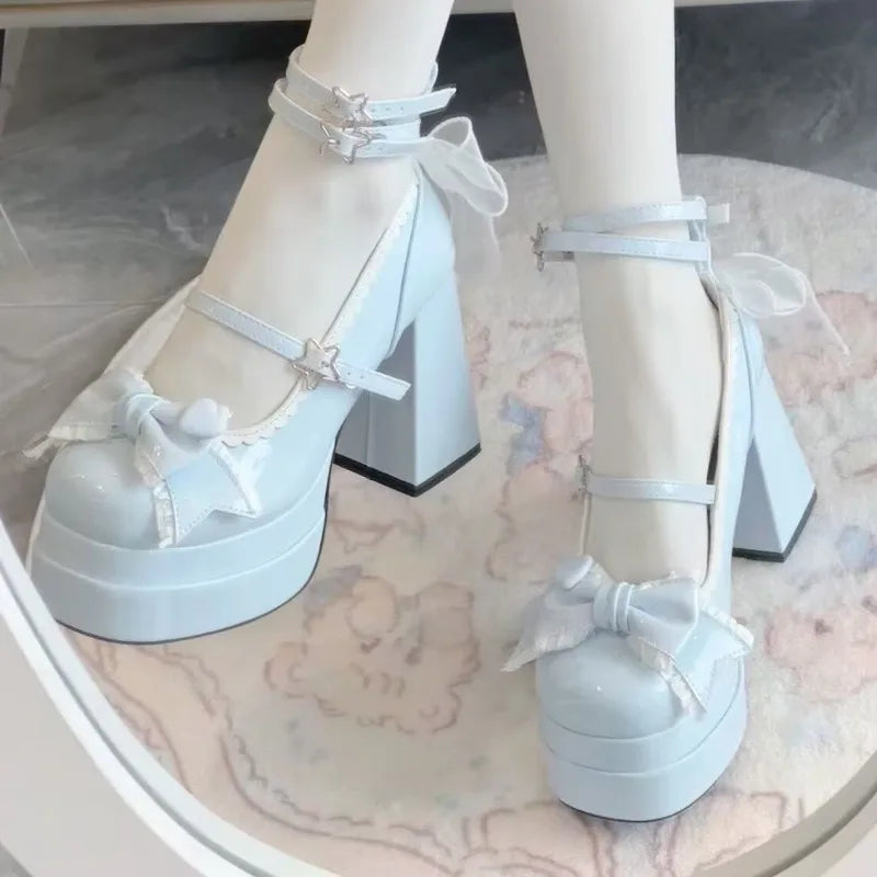 Sandalias de tacón ancho con moño - Moda Lolita elegante con plataforma para mujer.