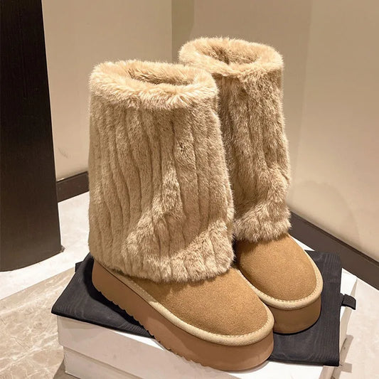 Botas de nieve para mujer con felpa cálida y diseño grueso