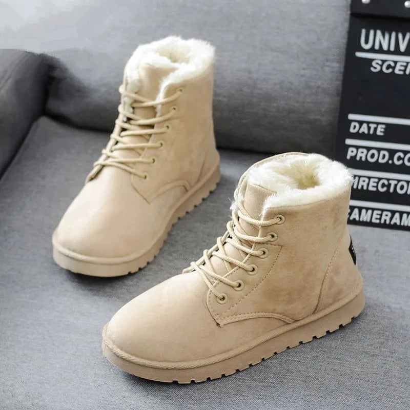 Botines de invierno con forro de peluche – botas planas de encaje para mujer