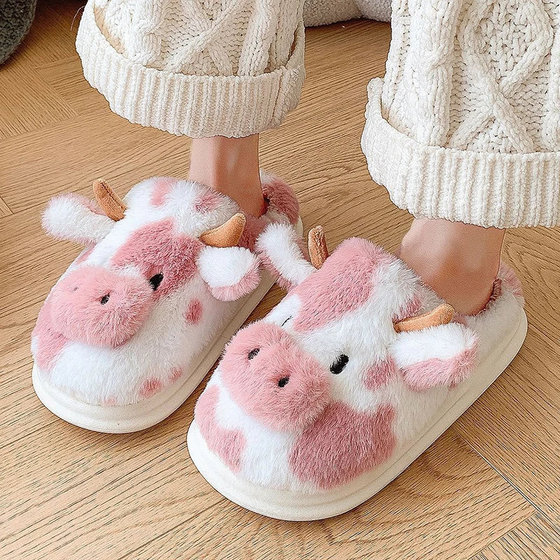 Zapatillas invernales de felpa para mujer – Pantuflas divertidas con diseño animal print vaca